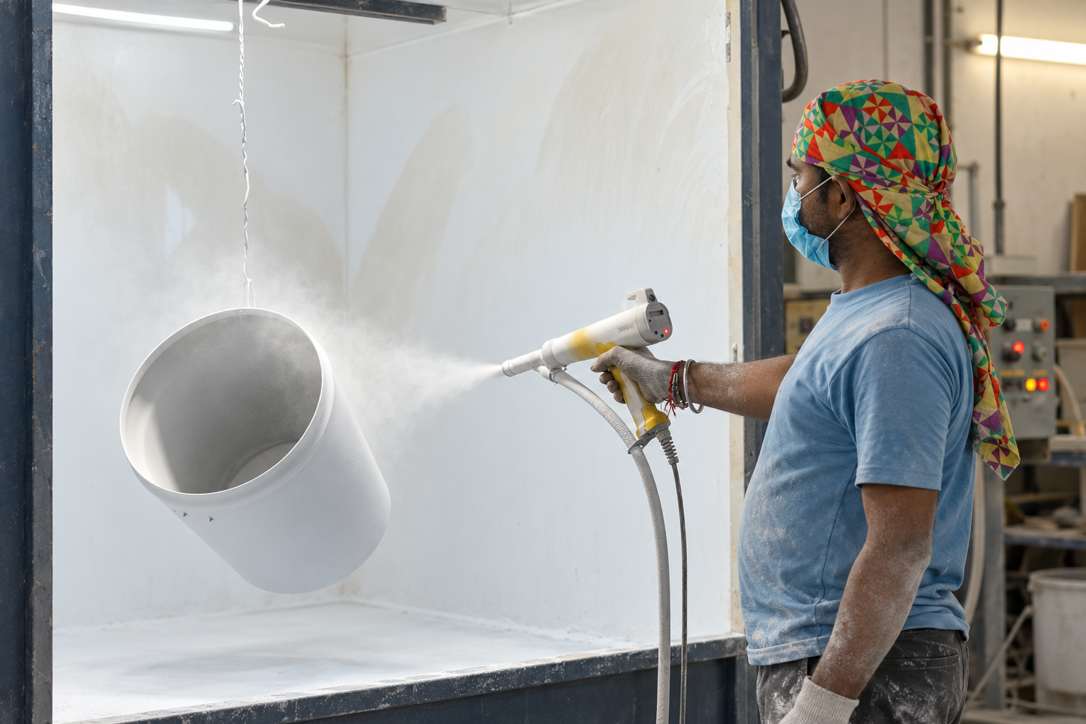 Illustration of a worker manually powder coating a hanging metal planter in a workshop booth
