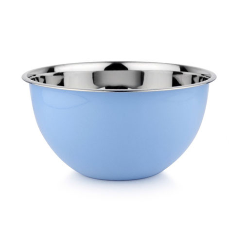 Metal bowl with a pastel blue coated exterior and polished metal interior