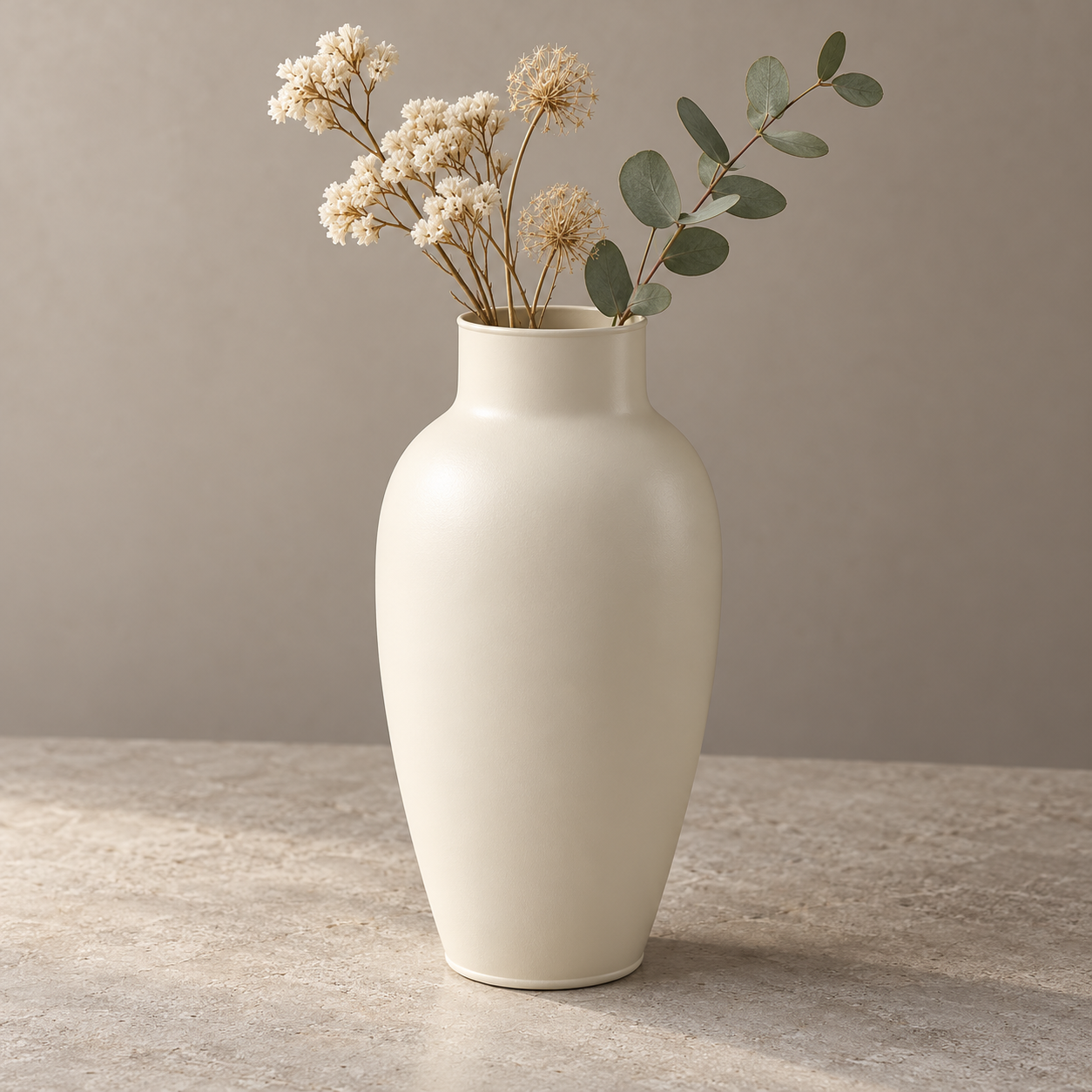 Illustrative iron-sheet flower vase with an ivory powder-coated finish